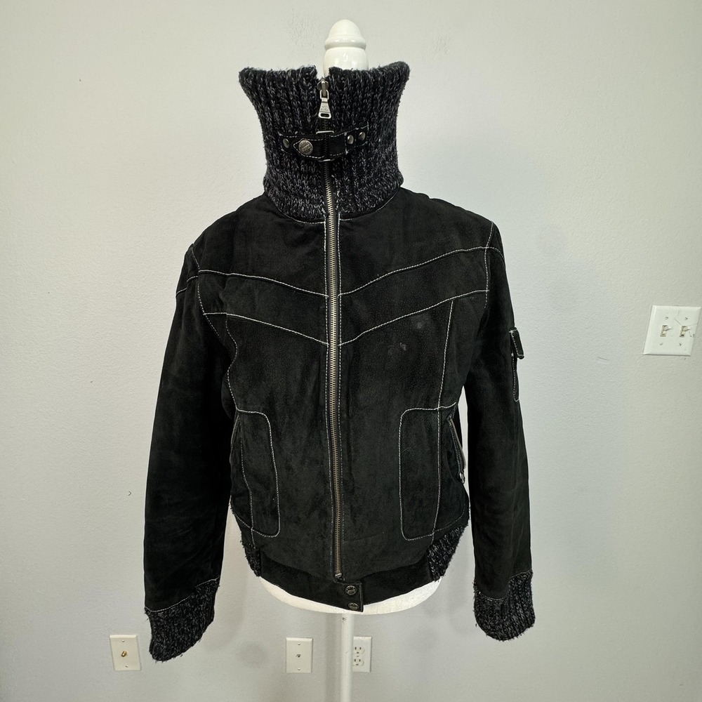 Steve Madden Jacket Womens Large Black Genuine Leather Knit Funnel Collar Bomber